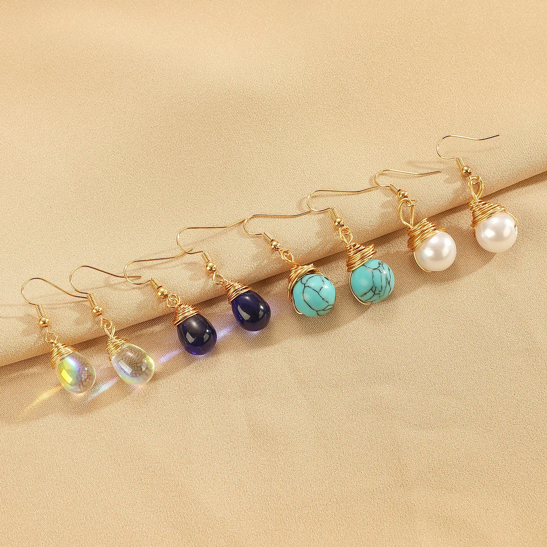 Drop Imitation Turquoise Pearl Gold-Plated Earrings