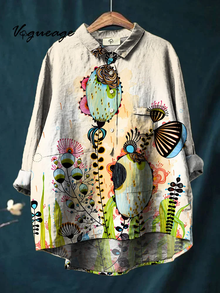 Simple Gentle And Comfortable Plants Printed Cotton And Linen Shirt