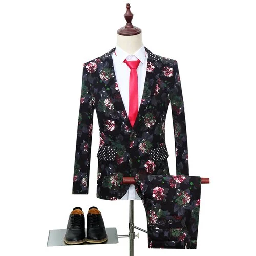 Inongge Jacket Pants Men Business Casual Slim Suit 2 Pieces Sets Fashion Flower Printed Tuxedo Wedding Formal Dress Blazer Floral Coat