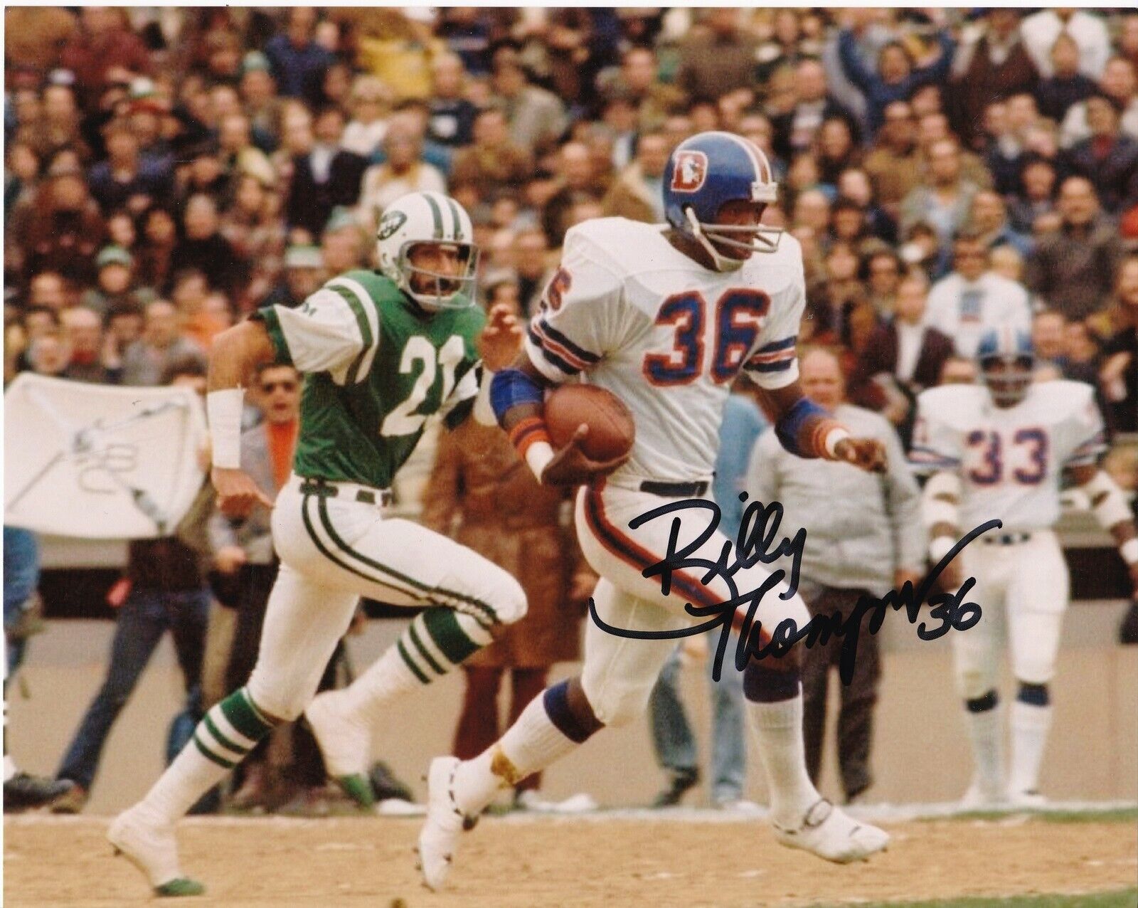 BILLY THOMPSON DENVER BRONCOS ACTION SIGNED 8x10