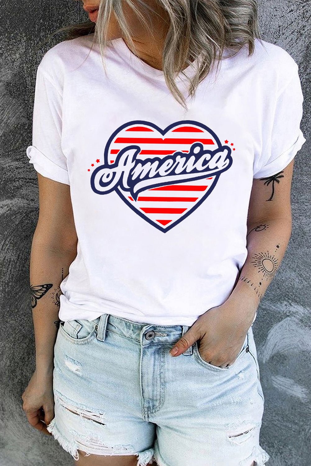 America Heart-shaped Graphic Print Short Sleeve T Shirt