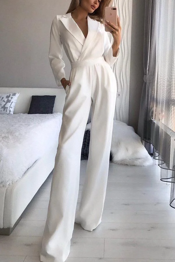 Lapel Solid Formal Wide Leg Jumpsuit