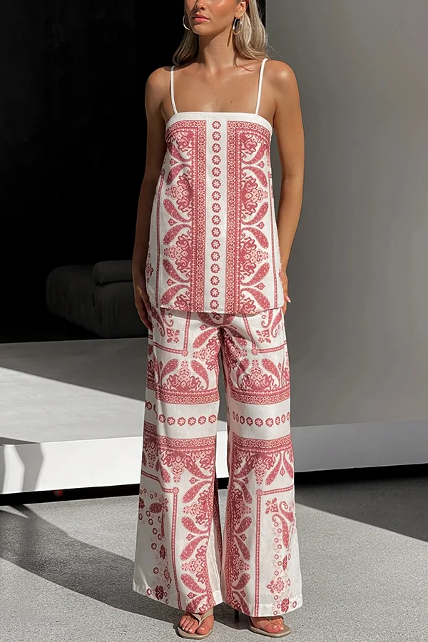 Unique Print Loose Casual Tank Top and Elastic Waist Wide Leg Straight Pants Set