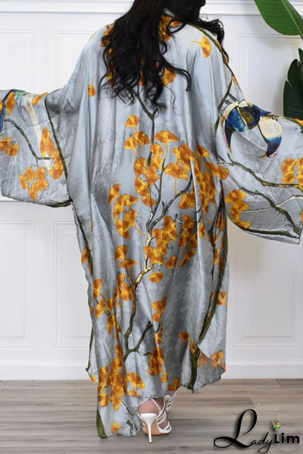 Black Fashion Print Patchwork Cardigan Collar Outerwear(Without belt)