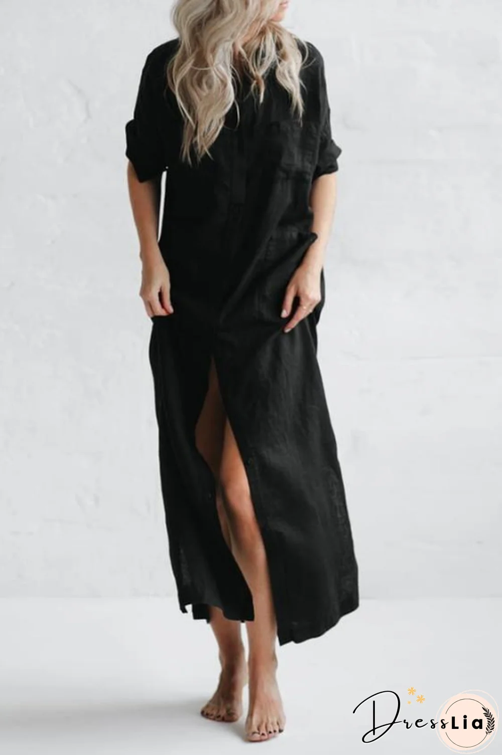Linen Button Pockets Shirt Maxi Dress