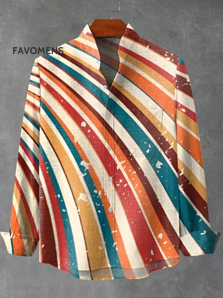 Vintage Color Bloom Stripe Print 100% Cotton Long Sleeve Shirt Multicolor / S