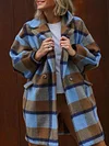 Fashion Loose Contrast Color Plaid Notched Collar Long Sleeves Woolen Coat