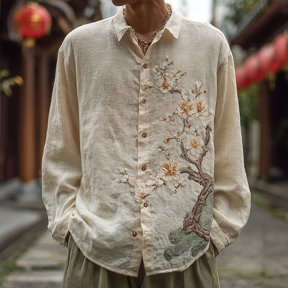 Vintage Japanese Plum Blossom Art Cozy Linen Blouse  artssus