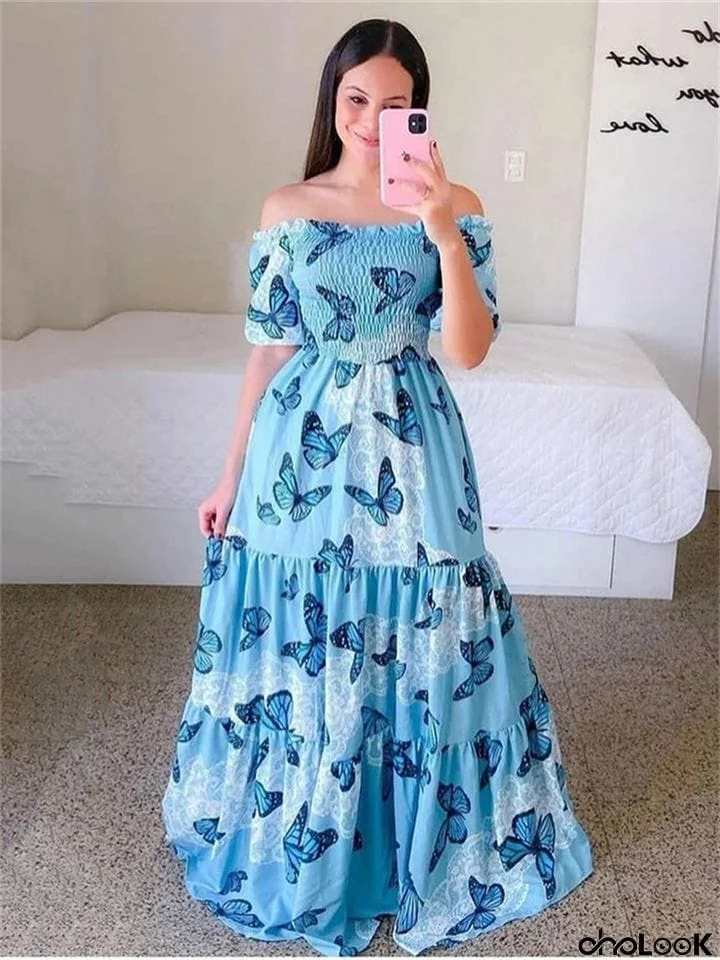 Elegant Lady Sweet Floral Print One Shoulder Long Dresses