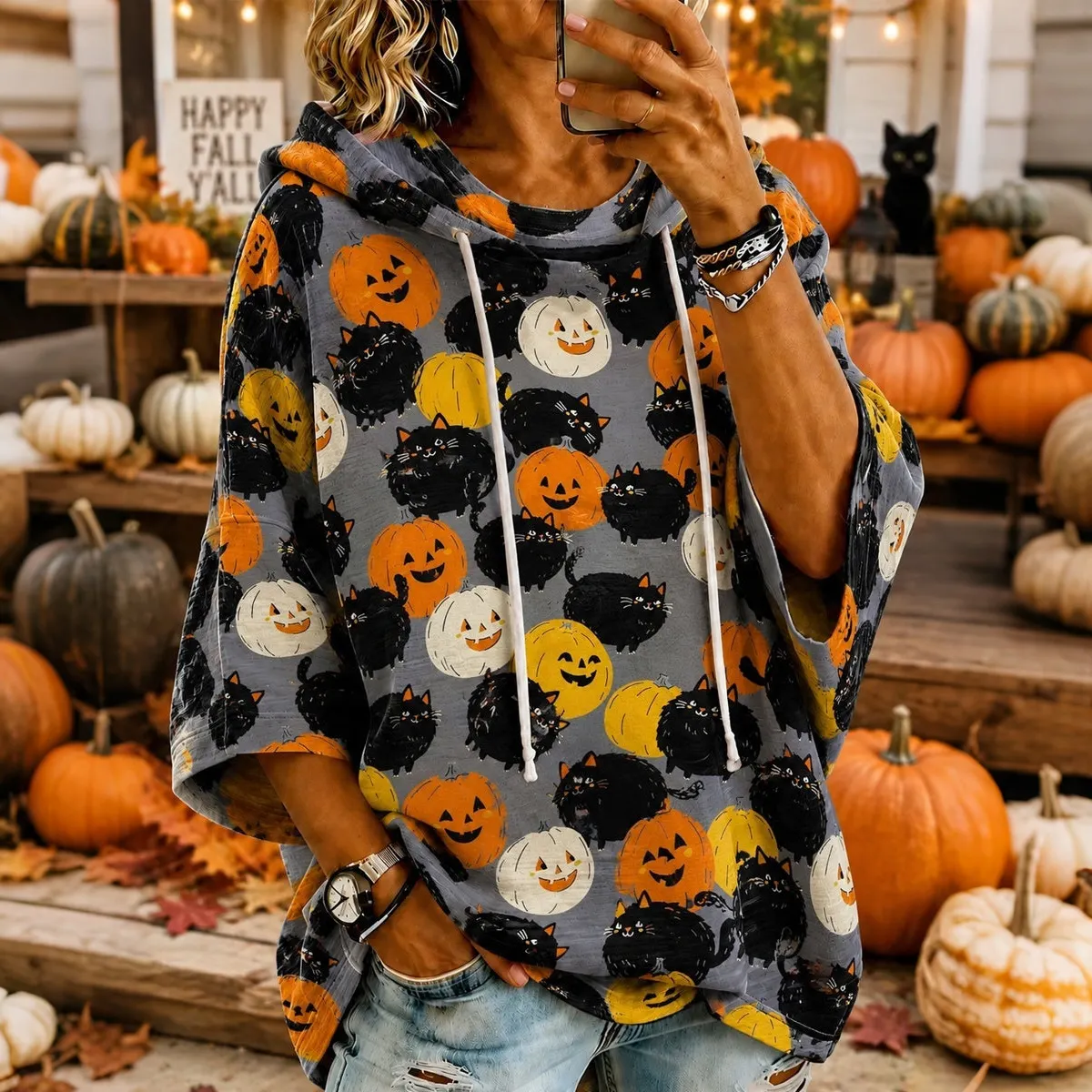 Comstylish Women's Cute Fall Pumpkin Black Cats Print Casual Half-sleeve Hoodie