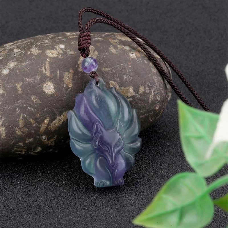 Natural Fluorite Gold Sheen Obsidian Fox Pendant Protection Necklace