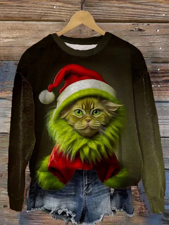 Women's Christmas Grinchy Cat Print Sweatshirt