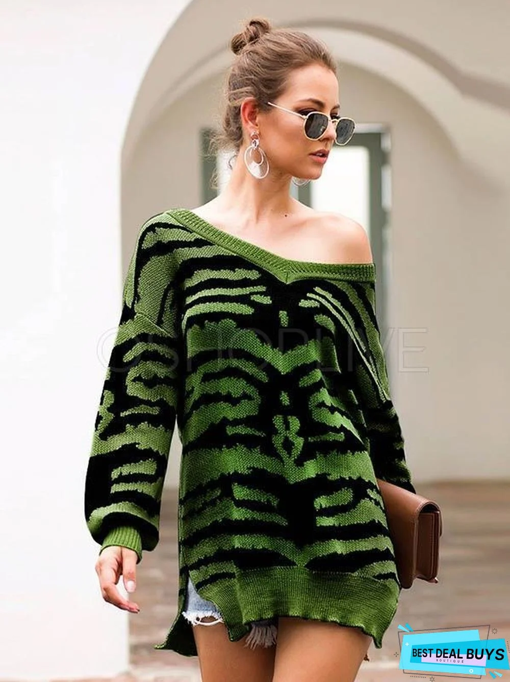 Printed Slit Long Sleeve V-Neck Sweater