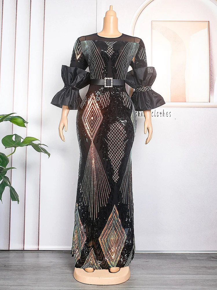 African Americans fashion QFY Evening Dresses Long Luxury 2022 Winter Sequin Mesh Dashiki Dress African Plus Size Women Gown Robe Africaine Femme Vestidos Ankara Style QueenFunky
