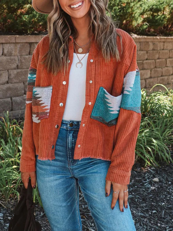 Women's Corduroy Ethnic Wool Coat Splicing Contrasting Color Coat Flusfy