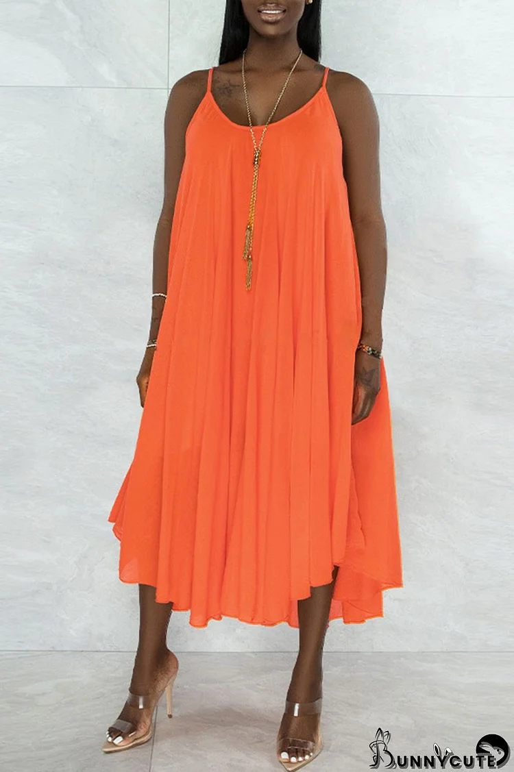 Tangerine Red Sweet Elegant Solid Split Joint Fold Asymmetrical Spaghetti Strap Sling Dress Dresses