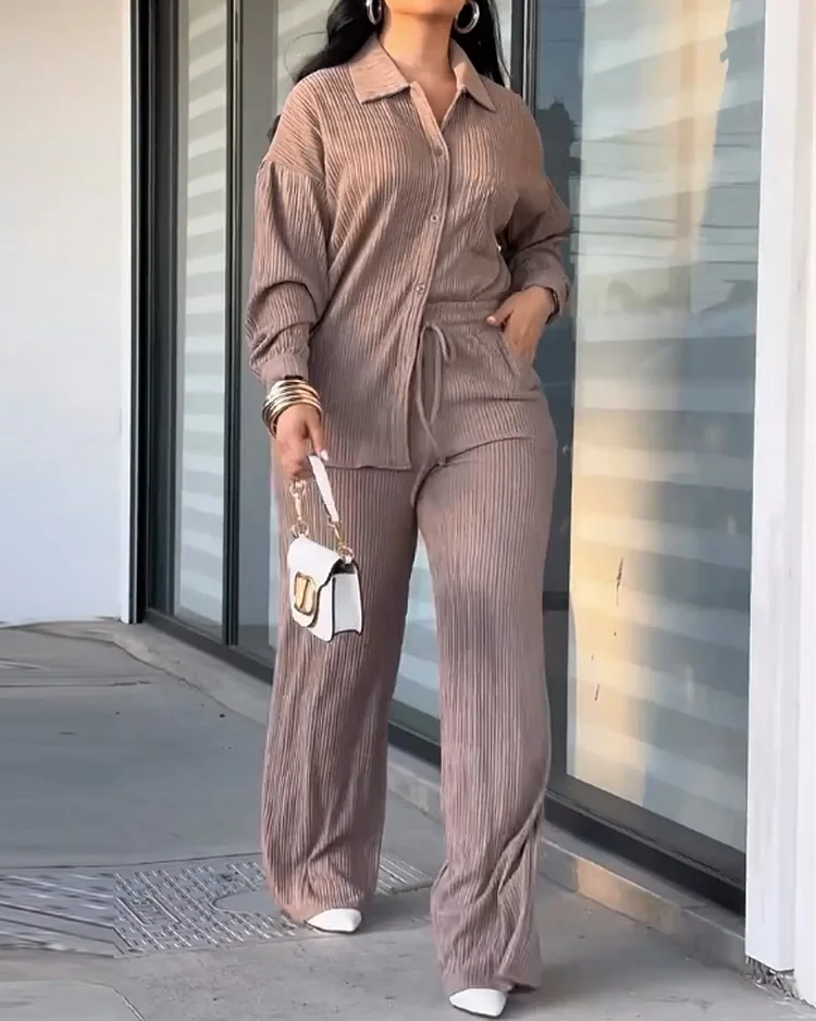 Lapel pleated solid color casual two-piece suit