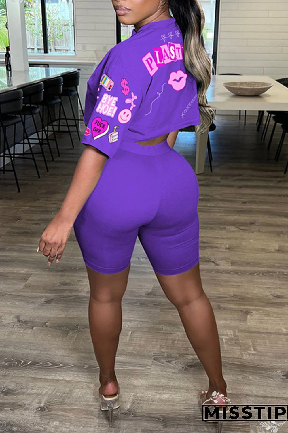 White Casual Print Basic O Neck Half Sleeve Two Pieces