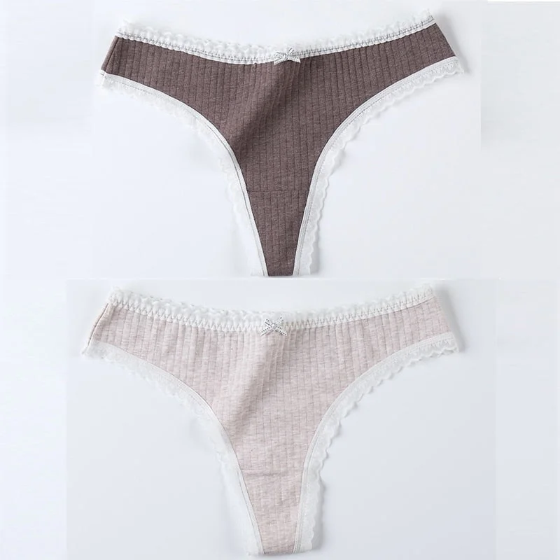 2 Pieces Women Panties Thongs Cotton Striped Underwear Comfortable Cute Low-Rise Ladies G-String Briefs Sexy Kawaii Lingerie