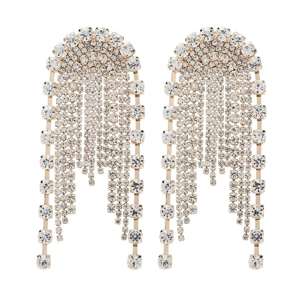 Rhinestone Arched Shape Tassel Drop Bling Earrings
