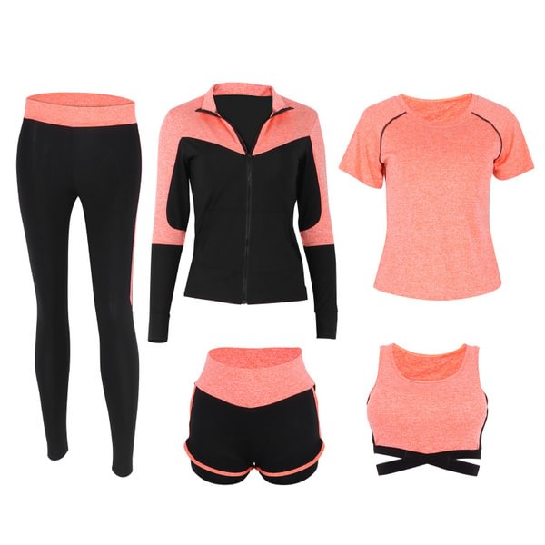 Womens Casual 5 Piece Yoga Fitness Outfits Sets Comfortable Workout Clothes Suit(Orange Five‑Piece Suit ) whu - Shop Trendy Women's Fashion | TeeYours