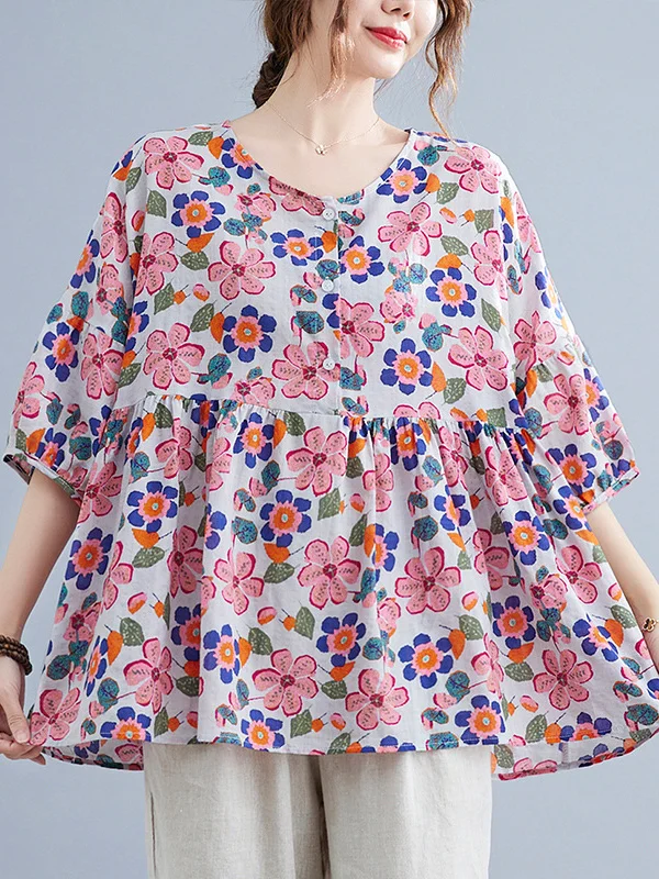 Half Sleeves Roomy Floral Stamped Round-Neck Blouses&Shirts Tops
