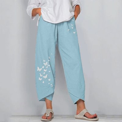 Summer Casual Loose And Linen Butterfly Printed Pants For Women