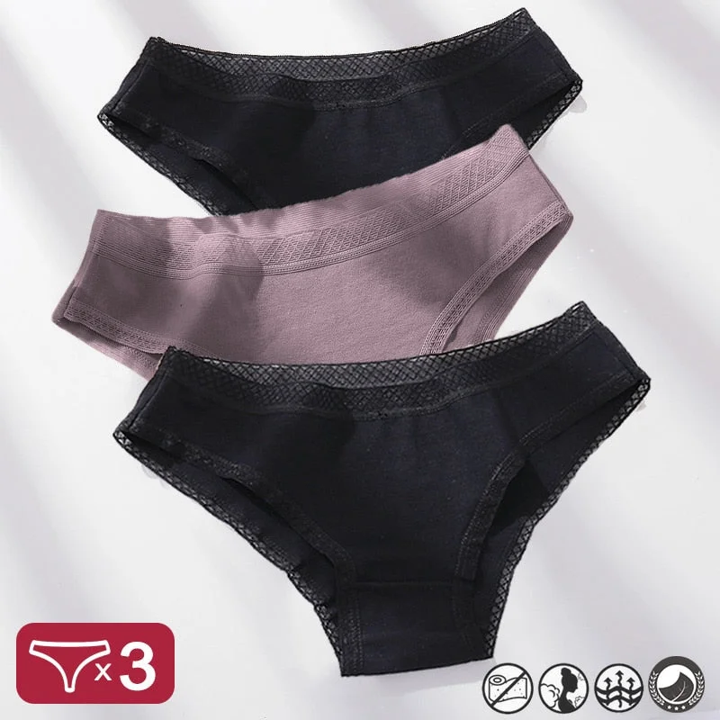 3PCS/Set Mesh Waistband Cotton Panties Women's Briefs Underwear Sexy Lingerie Panties Female Underpants Solid Color Girls Pantys