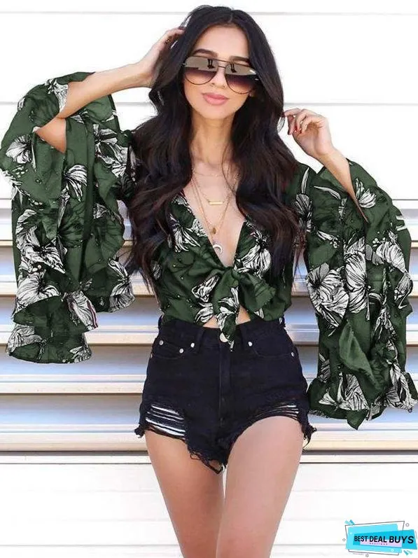 Flared Sleeve Ruffled Irregular V-Neck Top