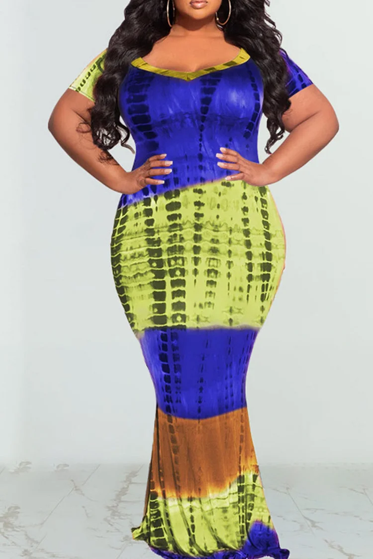 Colorful Blue Casual Print Patchwork V Neck Straight Plus Size Dresses