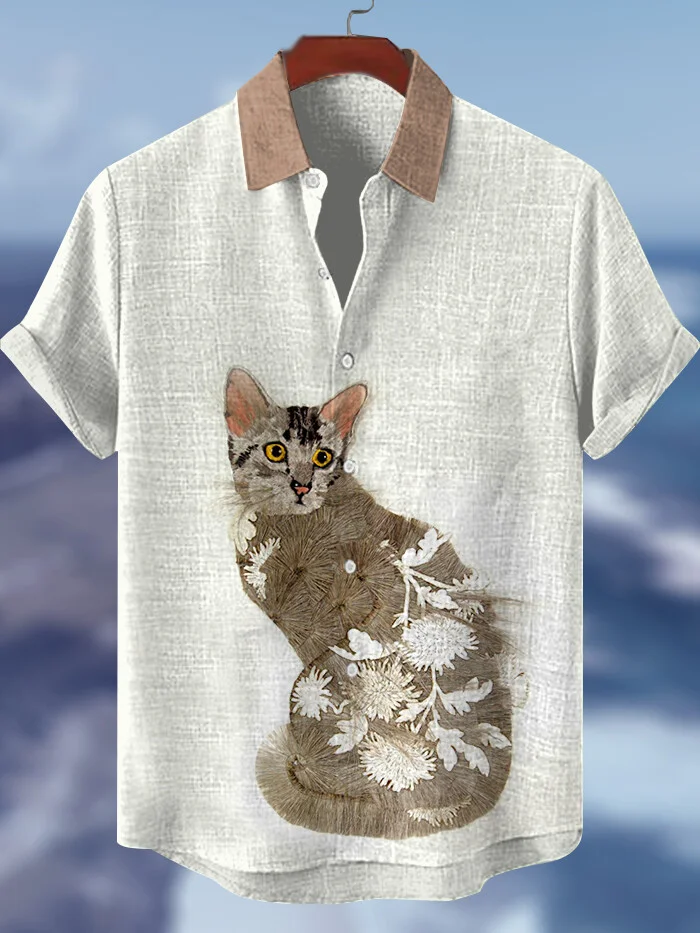Men's Flowers Cat Abstract Art Print Short Sleeve Shirt