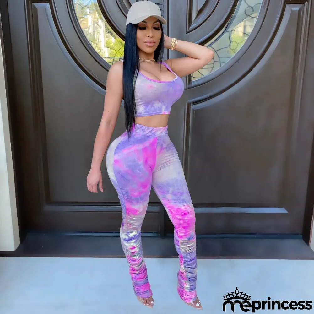 Tie Dye Print Cami Top Stacked Pants Two Piece Suits