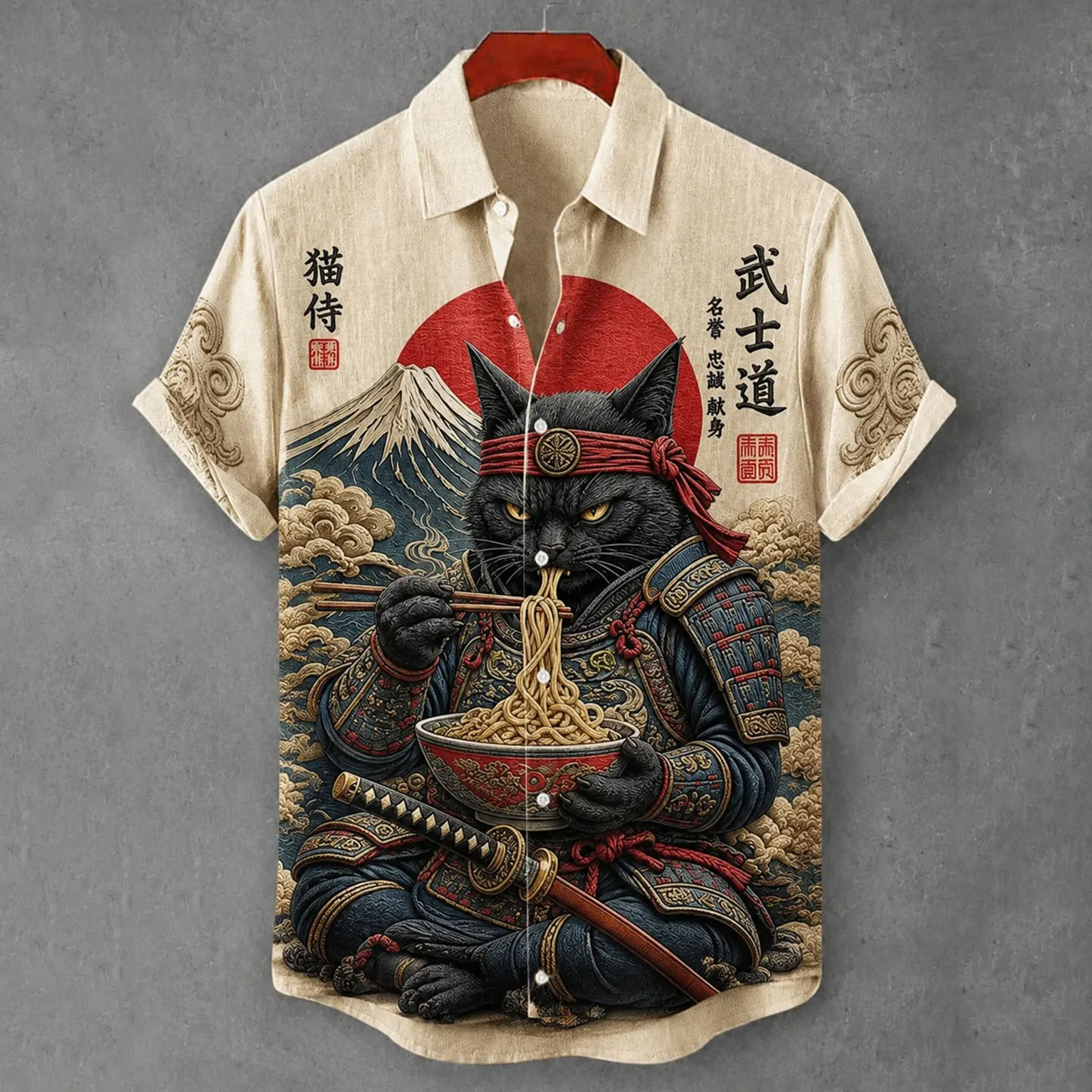 Men's Black Cat Samurai Eats Ramen Print Casual Shirt  artssus