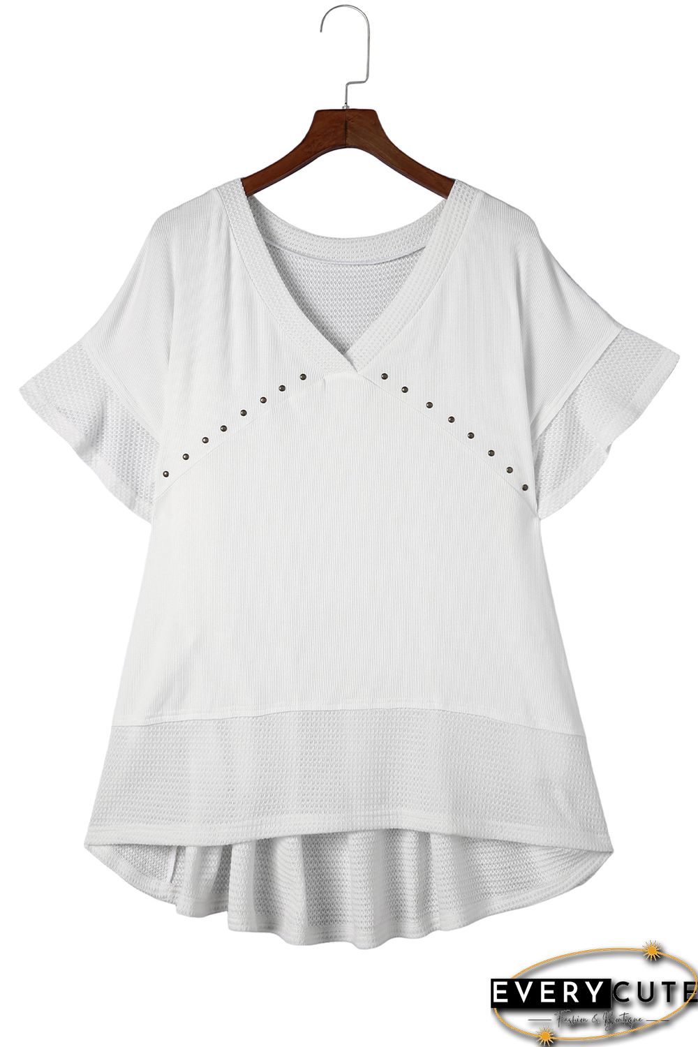 White Contrast Knit Splicing V Neck Studded Blouse