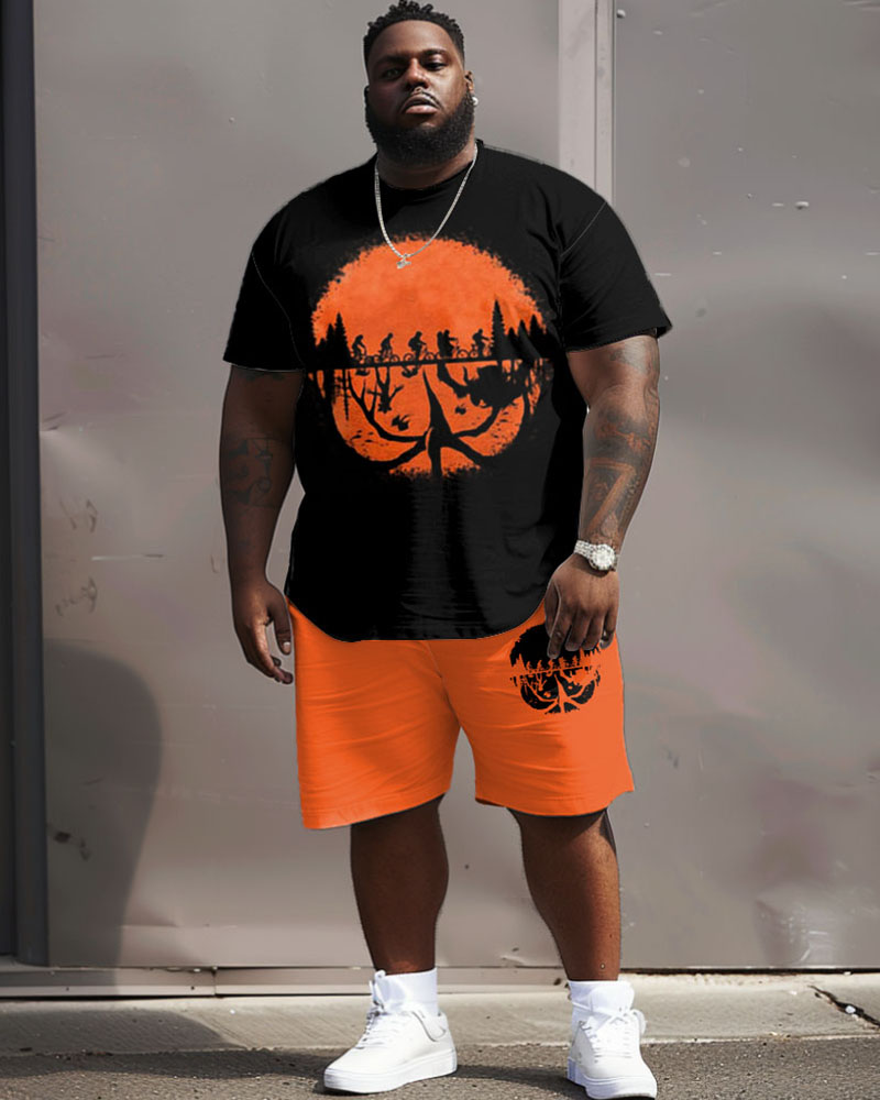 Men's Plus Size Street Fashion Abstract Sunset Print T-Shirt Shorts Suit
