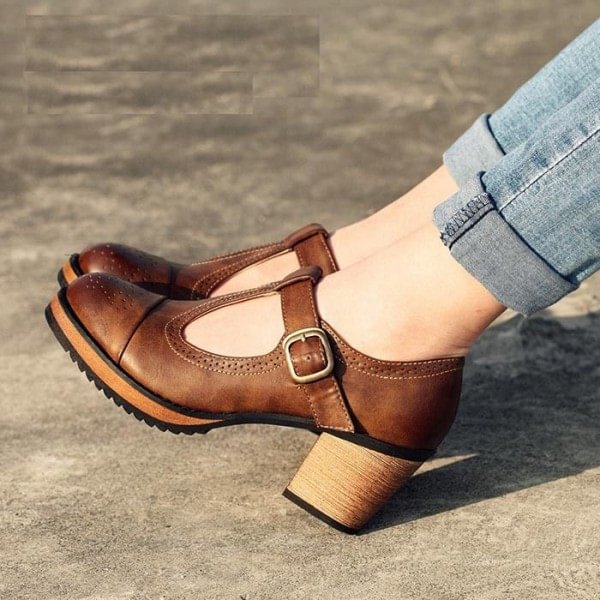 Brown Leather Round Toe Mary Jane Shoes Buckle Strap Block Heels Nicepairs