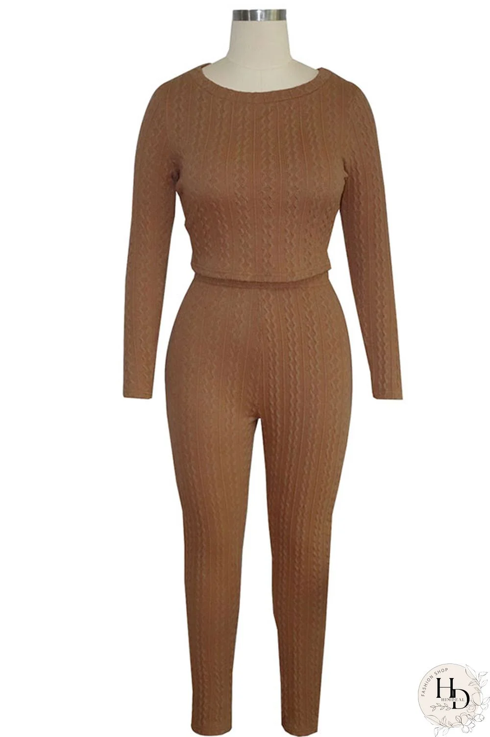 Coffee Elastic Fly Long Sleeve Mid Solid pencil Pants Two-piece suit