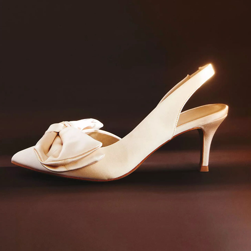 Ivory Satin Bridal Shoes Bow Embellished Pointed Toe Slingback Pumps