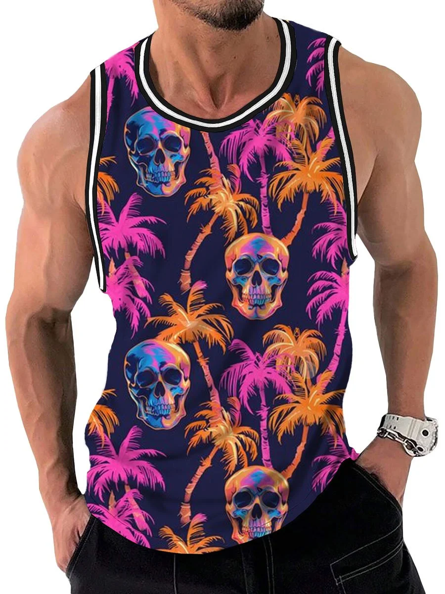 Colorful Coconut Tree And Skull Print Crew Neck Tank Top