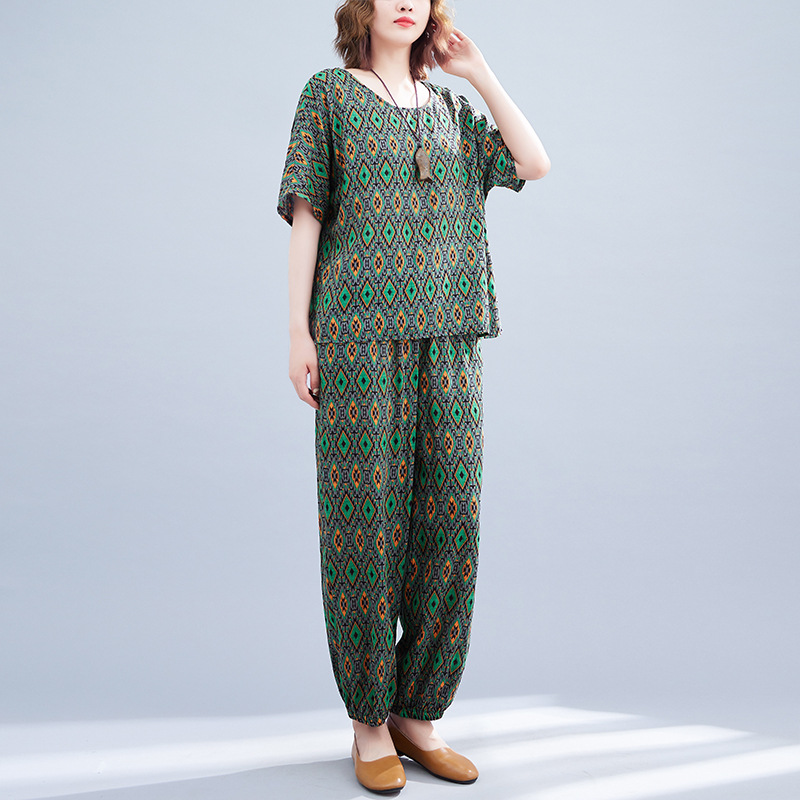 Loose Cotton And Linen Print Tops And Narrow-Foot Pants Suit