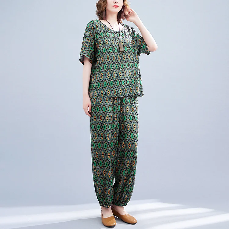 Loose Cotton And Linen Print Tops And Narrow-Foot Pants Suit - yankia
