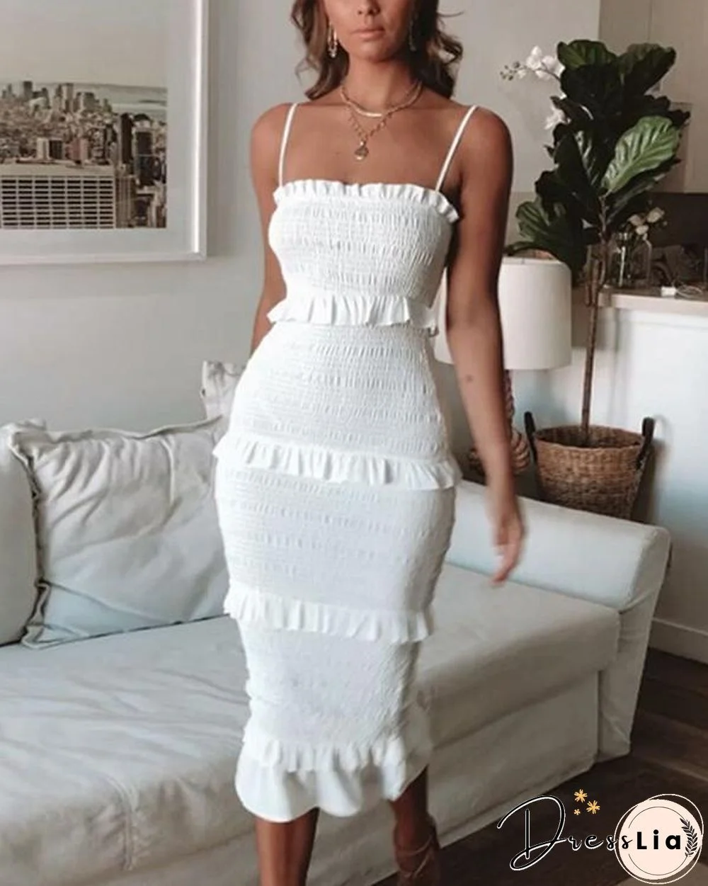 Fashion Slim Pleated Sling Cake Midi Dress