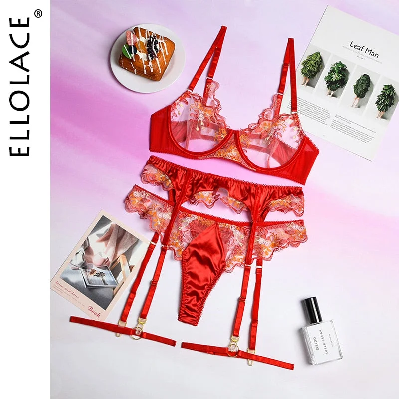 Ellolace Sexy Lingerie Floral Embroidery Underwire Bra Garters Brief Sets Sensual Exotic Underwear Hot Fancy Red Bilizna Set