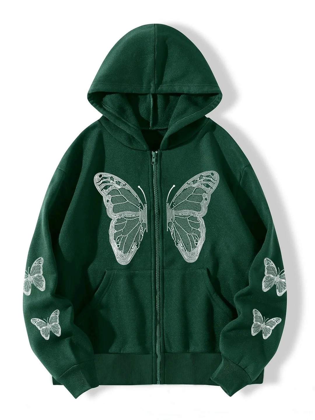 Butterfly Print Zip Up Drawstring Thermal Hoodie