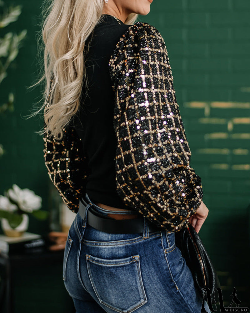 MidiSono - Checkered Sequins Splicing Long Sleeve Sweater