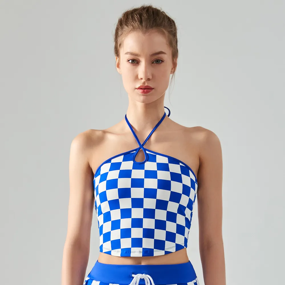 Buy high impact checkerboard print open back workout halter neck gym top bra of high quality on Hergymclothing Blue White Plaid