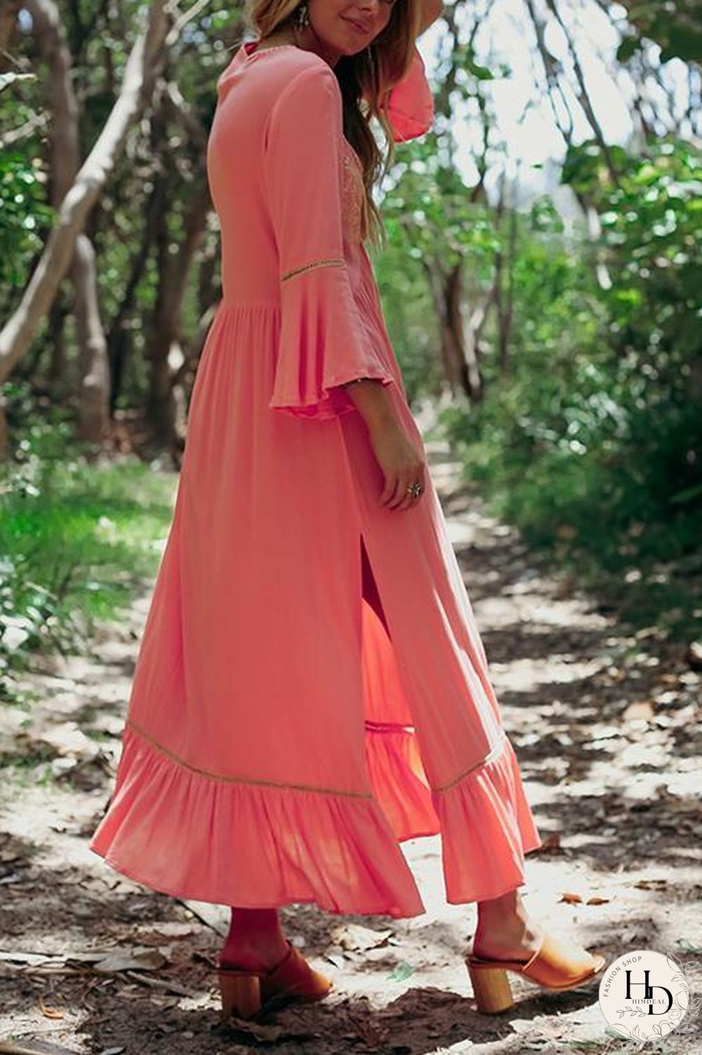 Embroidery Flares Sleeve Maxi Dress