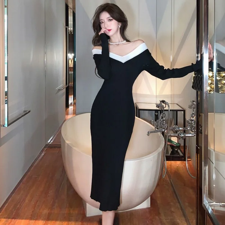 French Contrast Color Off Shoulder Long Sleeve Knitted Dress
