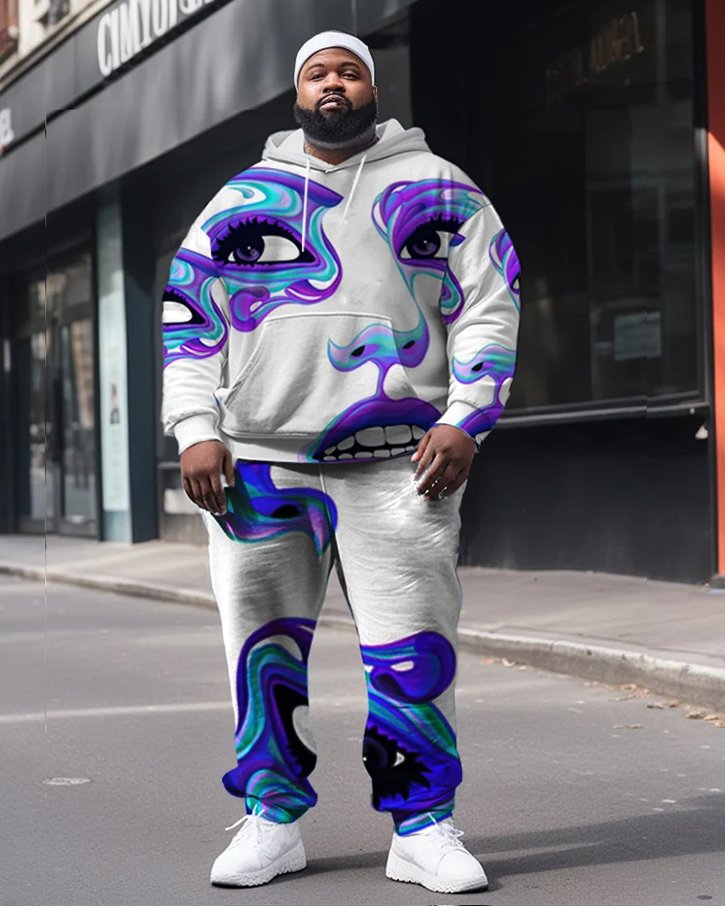 Men's Large Size Colorful Pop Style Face Street Long Sleeve Hoodie Set