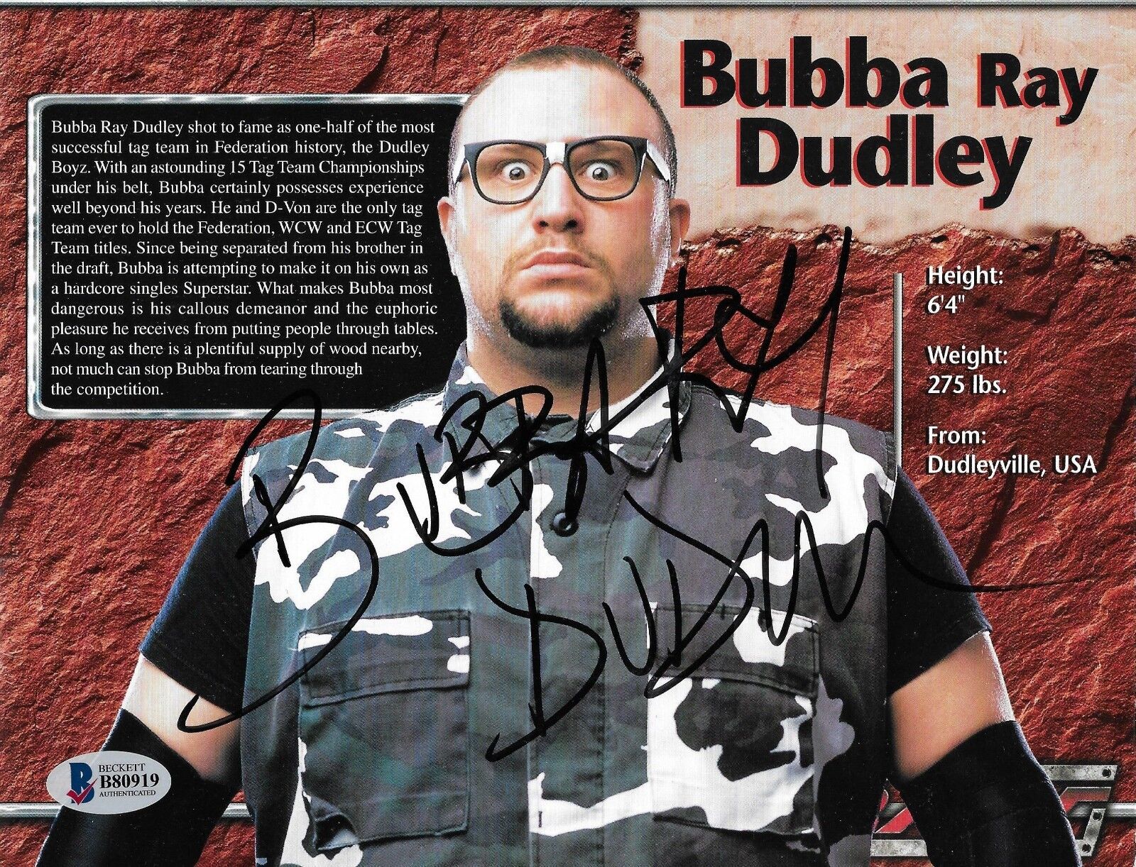 Bubba Ray Dudley Signed 7x9 WWE Live Event Program Page Photo Poster painting BAS Beckett COA